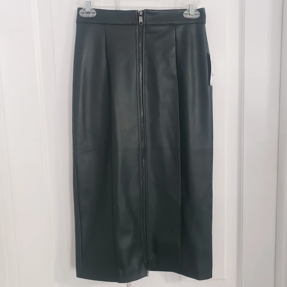bar lll Womens Faux Leather Midi Skirt SZ‎ 0 Pencil Full Zip Lined Career Green